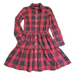 Polo Ralph Lauren Girls Sz 10 Red Plaid Cotton Twill Shirt dress Long Sleeve